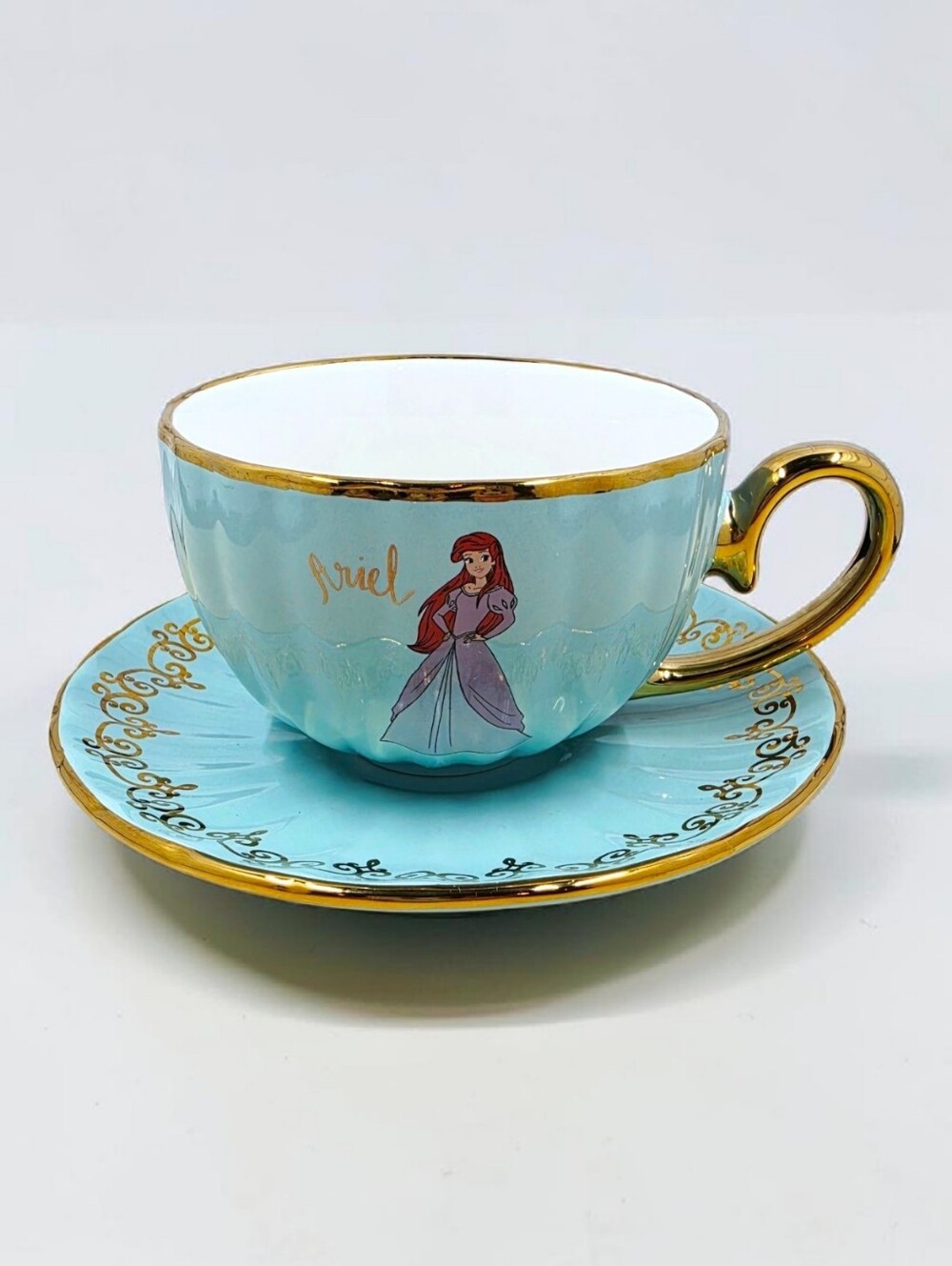 Disney Princess Ariel Flat Cup & Saucer Set Gold Scrolls